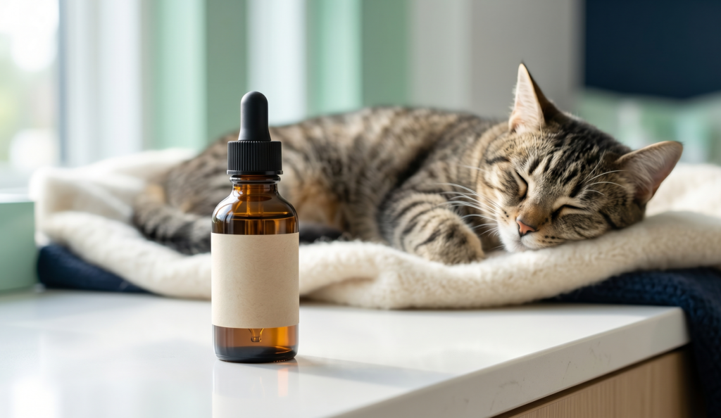 Frasco de suplemento natural de laboratorio para calmar la ansiedad en gatos junto a un felino totalmente relajado, reflejando el rigor clínico y científico de Feligenix.